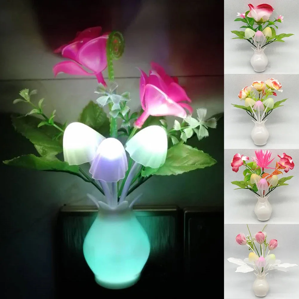 0.5W LED Night Light With Auto Sensor Energy Saving Rose Flower Mushroom Plug In Lamp For Bedroom Bathroom Living Room Kitchen