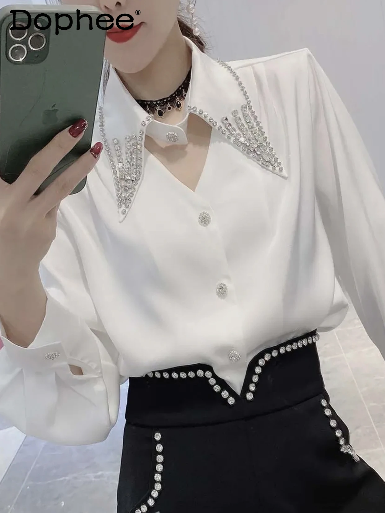 

French Chic Beaded Lapel Hollow White Shirt Women Polo Collar Long Sleeve Office Lady Blouse Top 2022 New Spring Autumn Clothes