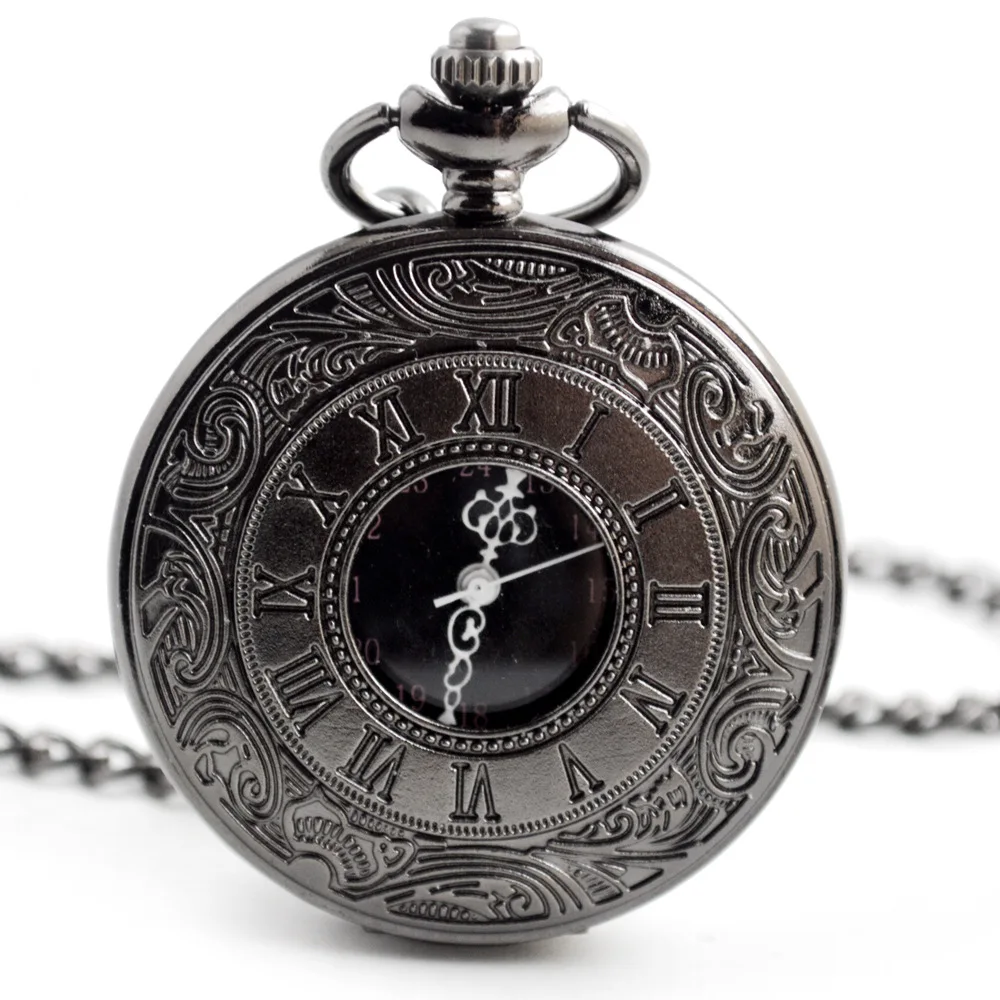 

Antique Style Roman Numerals Pocket Watch Men Women Black Hollow Case Quartz Steampunk Vintage Pendant Necklace Gift Cep Saati