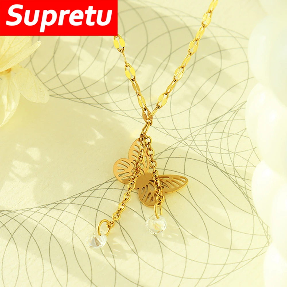 

Supretu Luxury Butterfly Pendant Necklace New Trendy Women Titanium Steel Plated 18K Gold Choker Korean Style Jewelry Party Gift