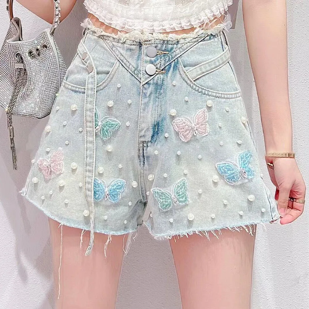 French Style Heavy Industry Beads Butterfly Denim Shorts Female Summer Loose Slimming High Waist Wide Legs A-line Burr Hot Pants