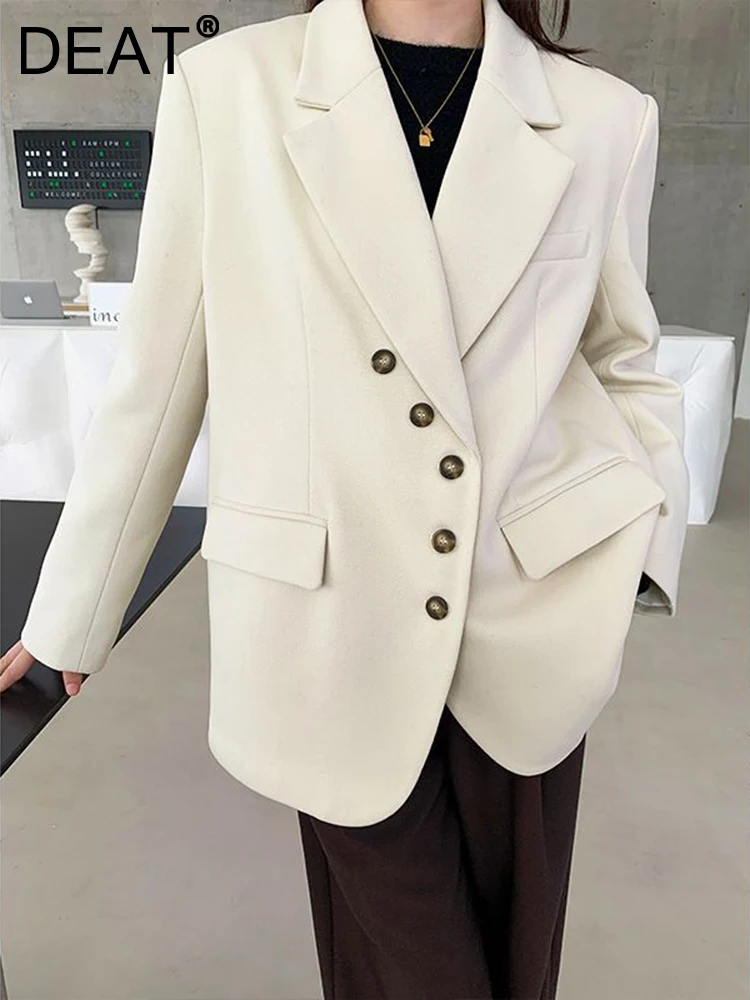 DEAT Fashion Women's Blazer Notched Collar Loose Slant Button Long Sleeve Pockets Black Suit Jackets Autumn 2023 New 17A4852
