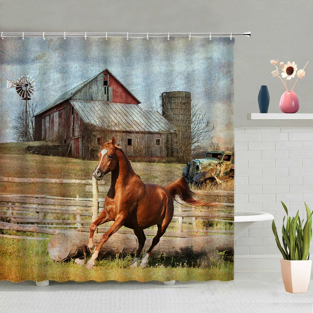 

Retro Farm Horse Shower Curtain Vintage Truck Farmhouse Animal Rural Nature Pattern Cloth Bath Curtain Set Bathroom Decor Hooks