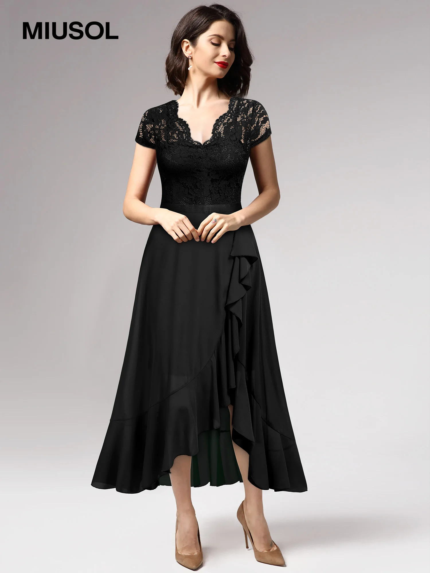 Miusol Women’s Bridesmaid Maxi Dress High-low Asymmetrical Ruffle Hem Dresses Elegant Lace Chiffon Contrast V Neck Short Sleeve