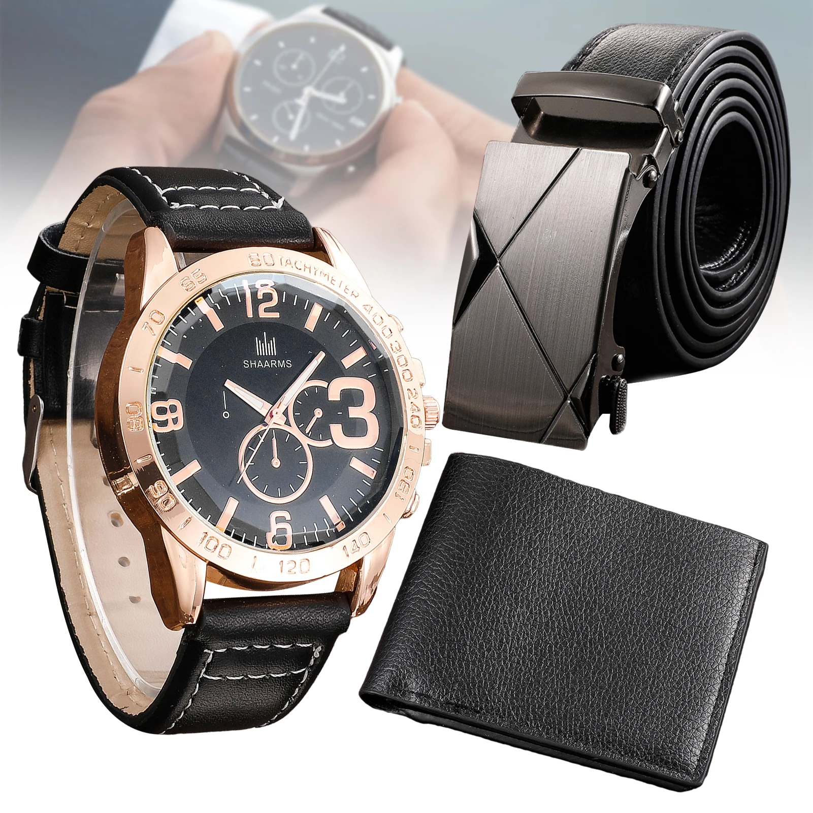 Men's Watch+Wallet+Belt Set Male's Gift for Father's Day Birthday Gift 3pcs/set for Dad Boyfriend Good-looking PU Strap EIG88