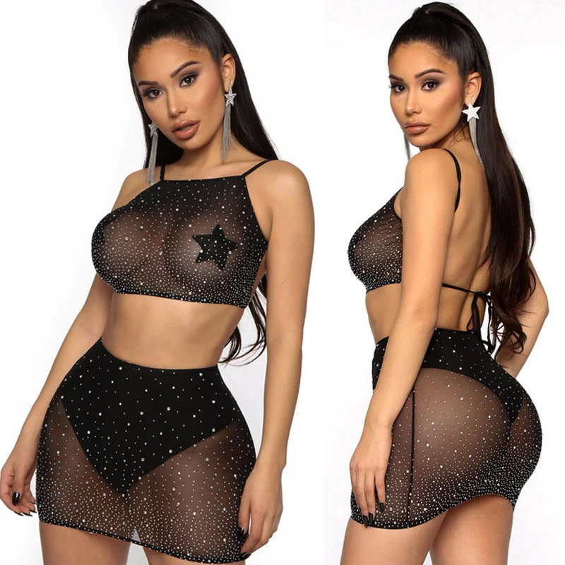 

Sexy Bodycon Dress Rhinestones Crystal Diamond Transparent Vestidos Sexy Panty Set Wedding Mesh Perspective Hip Skirt Qq599