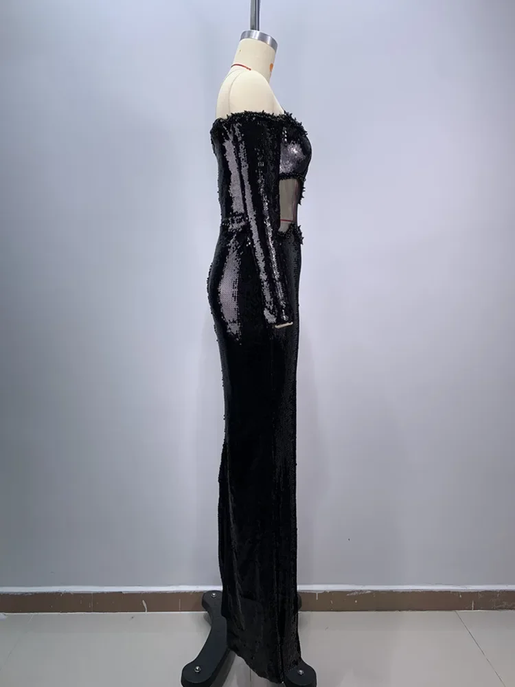 Женское длинное платье с длинным рукавом черное Сетчатое макси блестками и