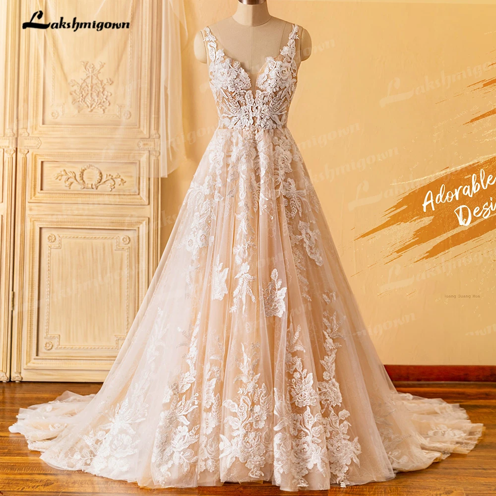 

Lakshmigown A Line V Neck Open Back Backless Wedding Dress 2023 Vintage Lace Applique Beaded Tulle Wedding Gowns Trouwjurk Long
