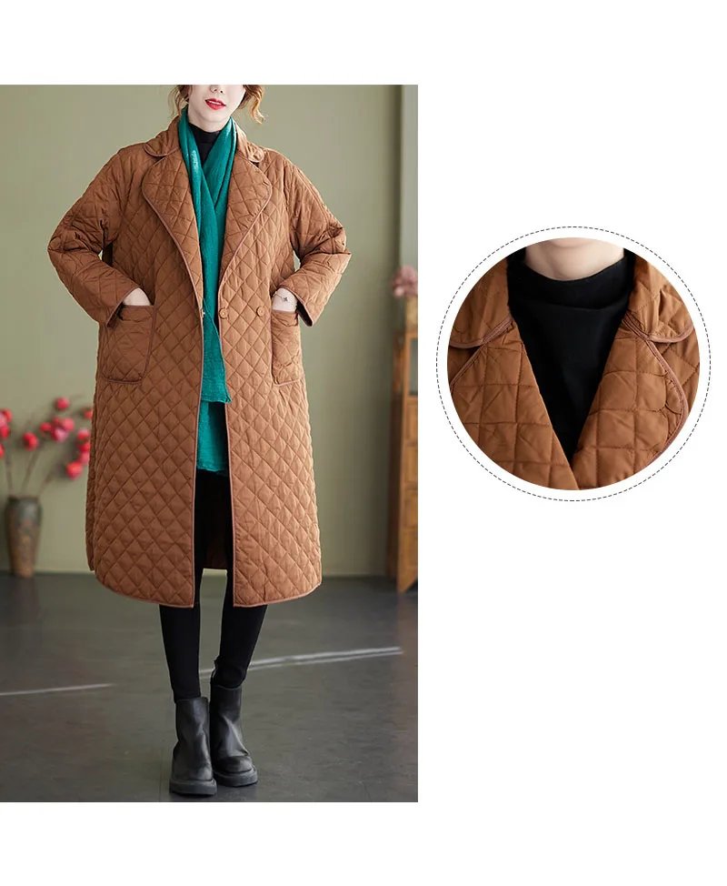 Women's new parka winter ladies rhombus design retro age-reducing mid-length long-sleeved loose cotton coat ladies windbreaker