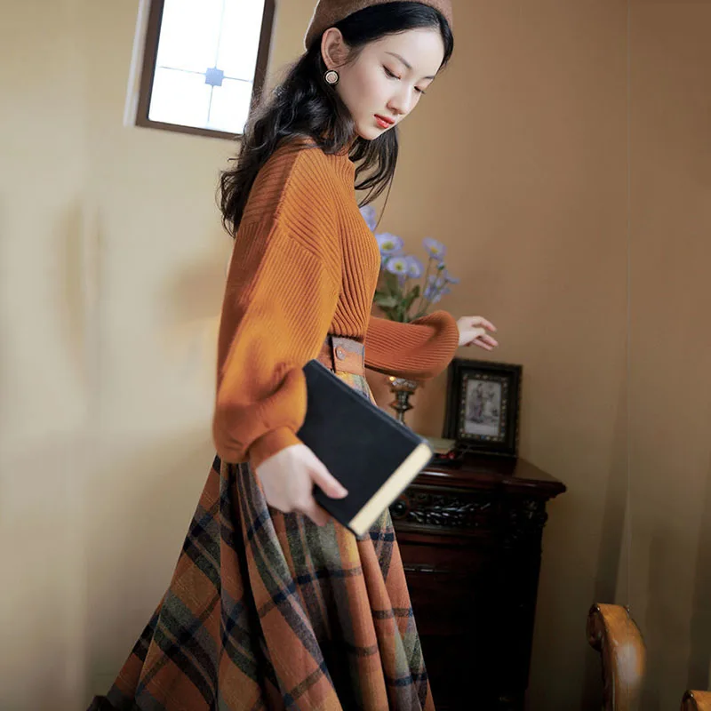 Новый осенне-зимний женский костюм с юбкой свободный пуловер вязаный свитер