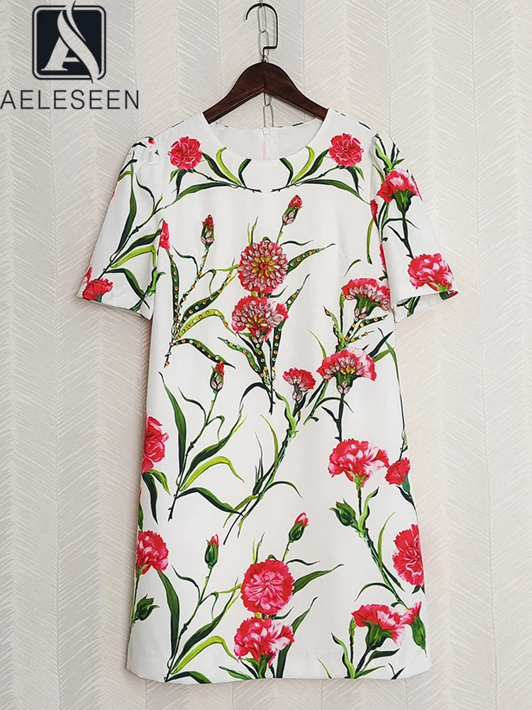 

AELESEEN Runway Fashion Summer Dress Women Short Sleeve Red Flower Print Beading Crystal Elegant Mini Hliday Vacation