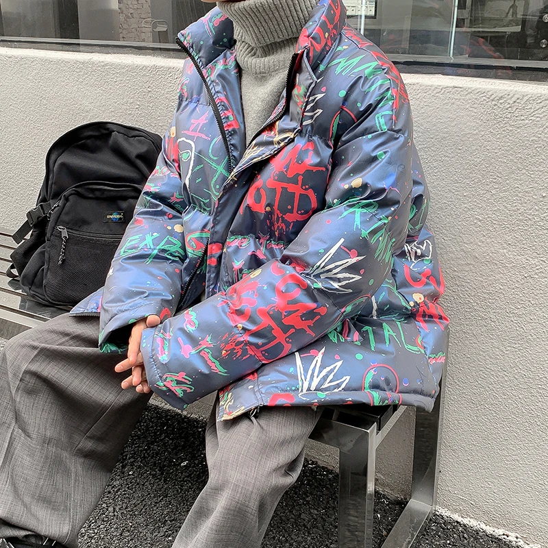 Letter Graffiti Puffer Jacket for Men Korean Fashion Trends Hip Hop Clothes Teen Oversized Streetwear Plus Size Bubble Warm Coat