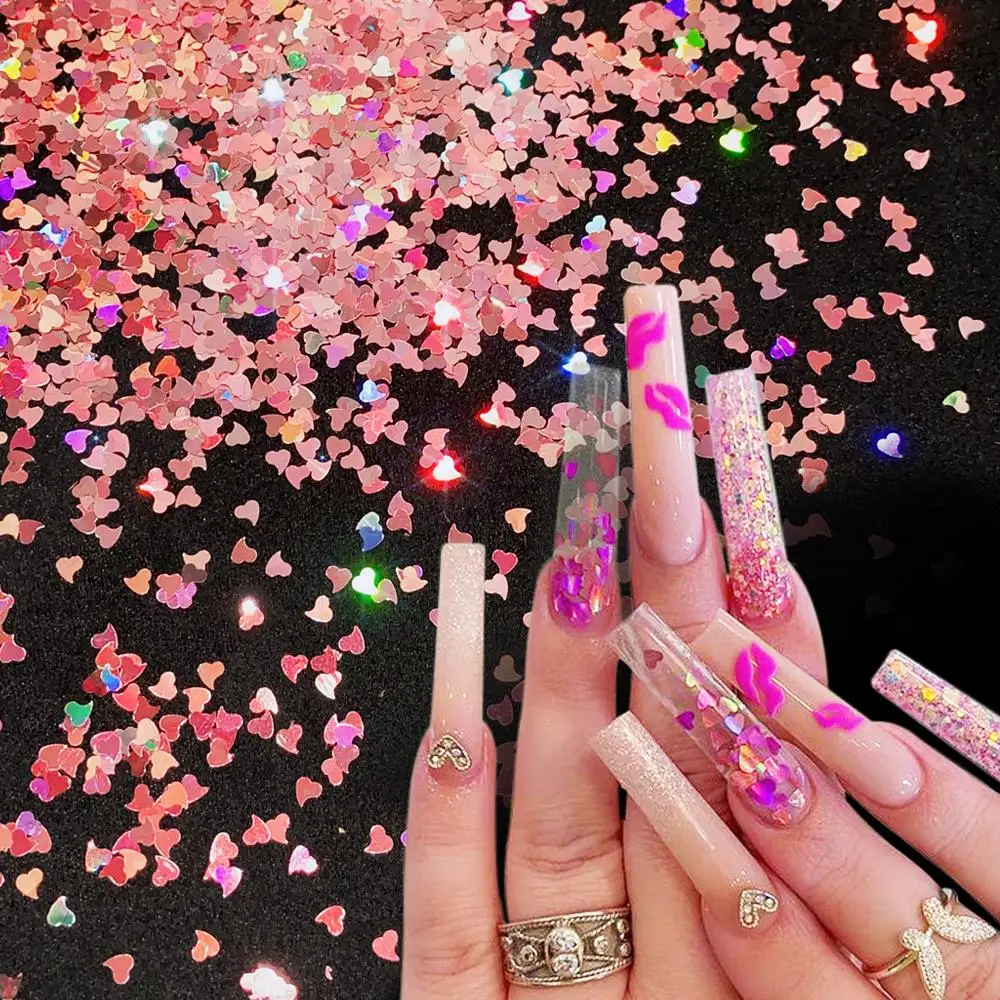 

50g Holographic Nail Art Glitter Shiny Sweet Heart Flakes Sequins Iridescent Nail Art Glitter Paillette 3D Manicure Decorations
