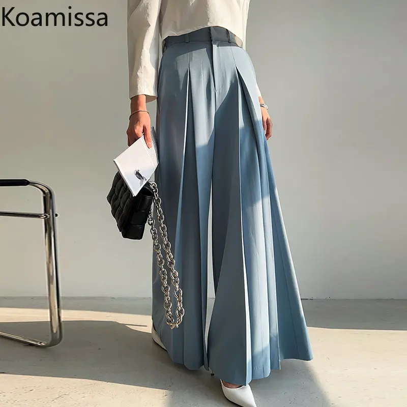 Koamissa Fashion 2023 New Women Wide Leg Pants Ladies High Waist Thin Summer Simple Pleated Straight Pant Loose Buttoms De Mujer