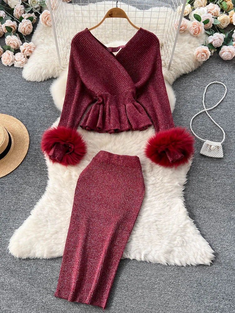 

YuooMuoo Women Dress Set 2022 Autumn Winter Elegant Shining Knitted Ruffled Sweater and Skinny High Waist Skirts Two Piece Suits