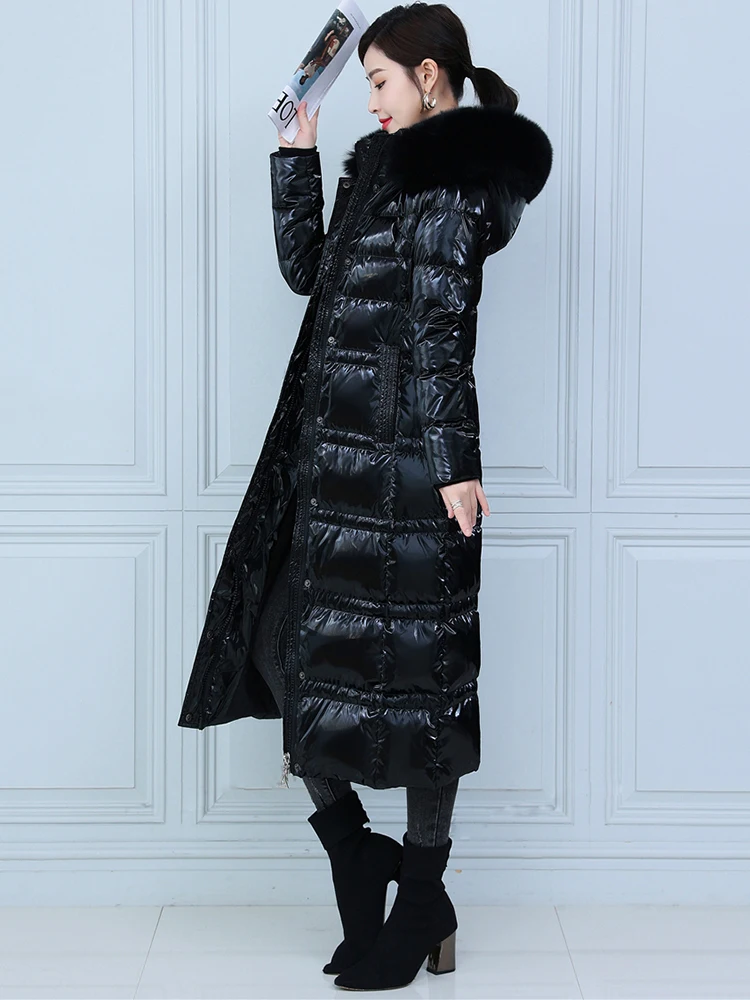 New Women Wash Free Down Coat Winter Fashion Glossy Surface Real Fox Fur Collar Drawstring Lengthened Thicken Warm Down Jacket