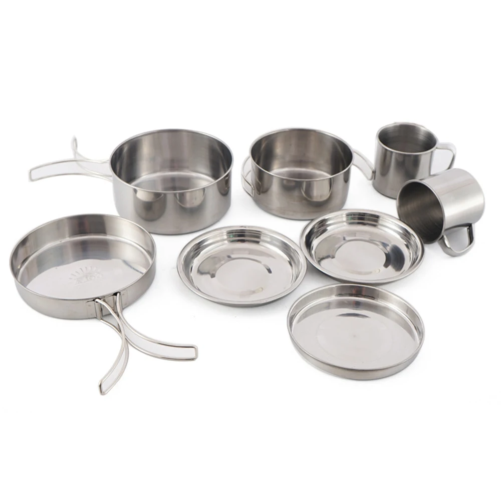 

8PCS Camping Cookware Mess Kit Outdoor Tableware Set Stainless Steel Cooking Pot Pan with Plates Cups For Picnic Hiking Cookset