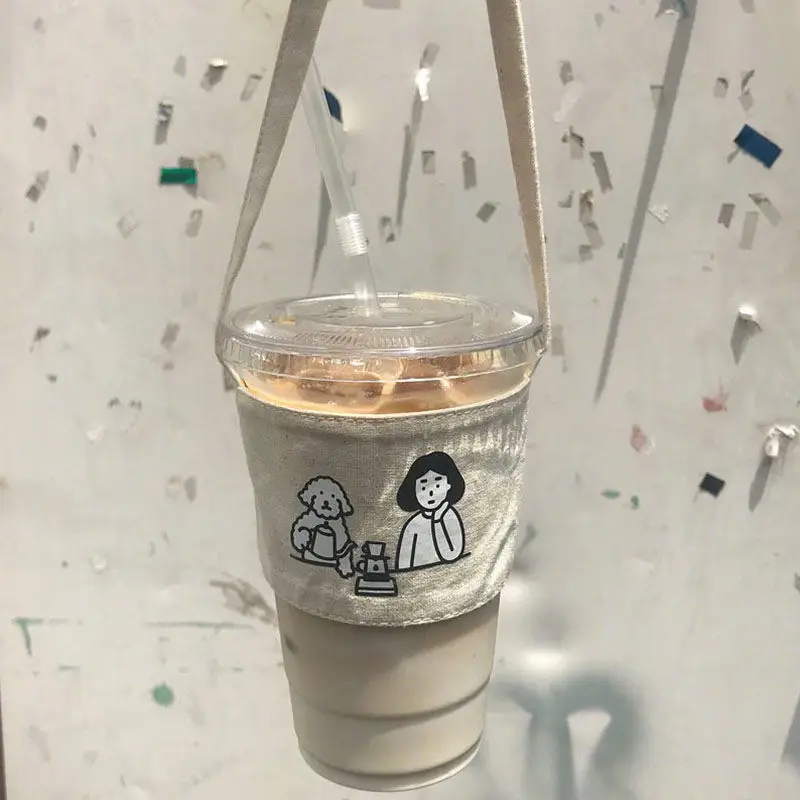 

Холщовая Сумка для кофе, молока, чая, сумка для переноски, держатель для кемпинга, пешего туризма, шикарная мультяшная чашка для питья, чехол ...
