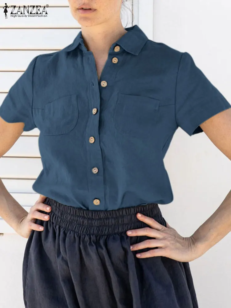 

Блузка ZANZEA женская оверсайз в винтажном стиле, элегантная офисная рубашка с лацканами, с коротким рукавом, однотонная на пуговицах, с карман...