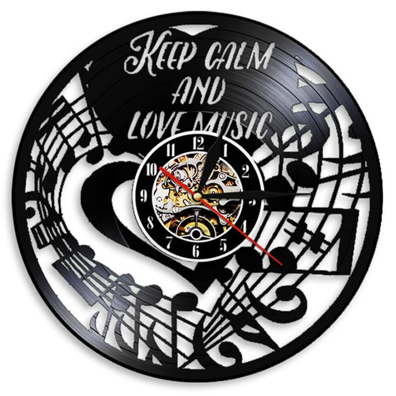 

Keep Calm And Love Music Inspiration Quote Vinyl Record Wall Clock Musician Music Sheets Carved Gramophone Music Record Clock
