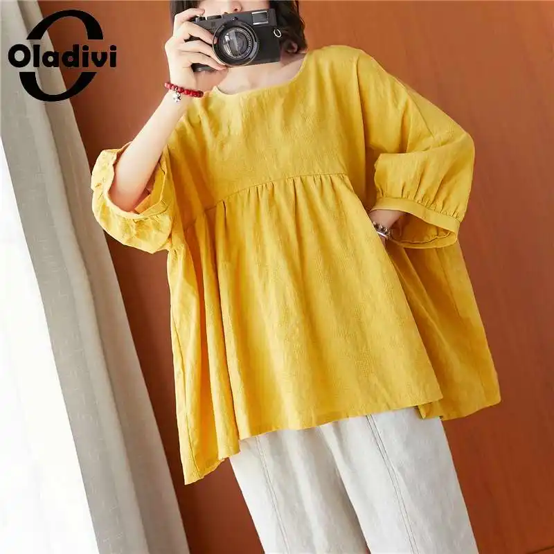 

Oladivi Oversized 3/4 Sleeve Cotton Linen Jacquard Blouses Women Oversize Casual Loose Shirt Top Tees Tunic 4XL 5XL 6XL 7XL 8XL