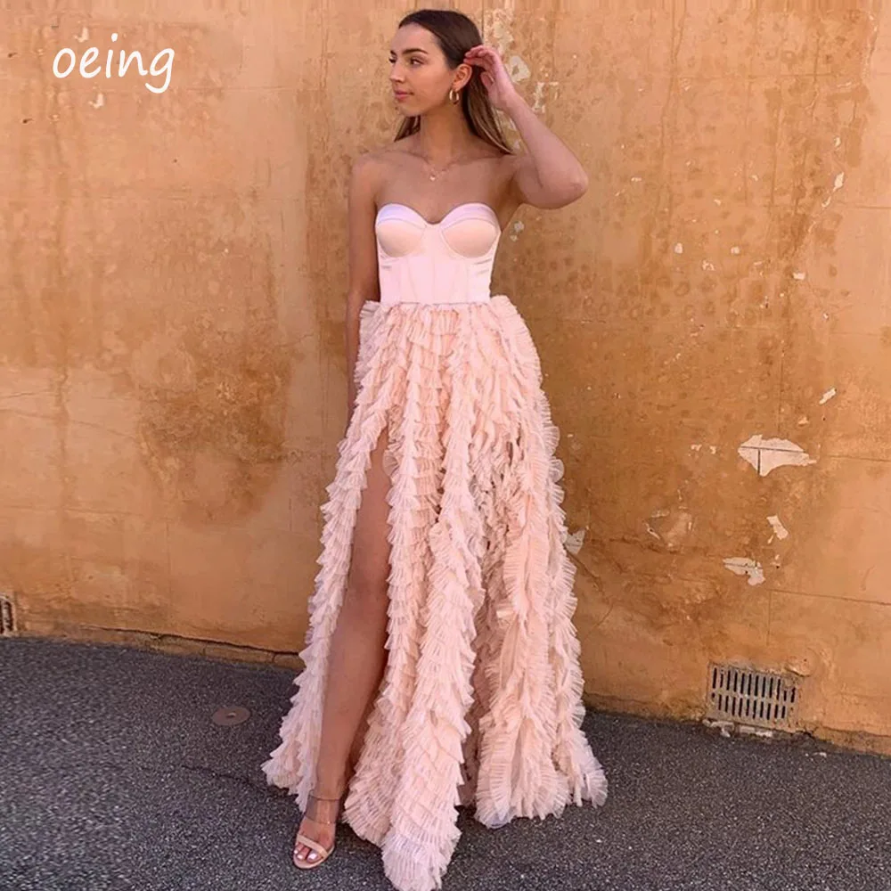 

OEING Ruffles Organza Skirt Sweetheart A Line Pink Prom Dresses Party Dress Side Slit Girls Formal Evening Gowns Robe de soiree