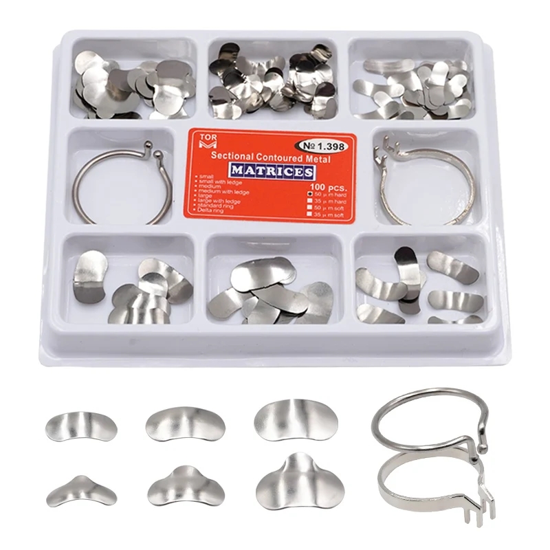 100Pcs/Box Dental Matrix Sectional Contoured Metal Matrices Band Resin Clamping/Seperating Ring Dentist Tools