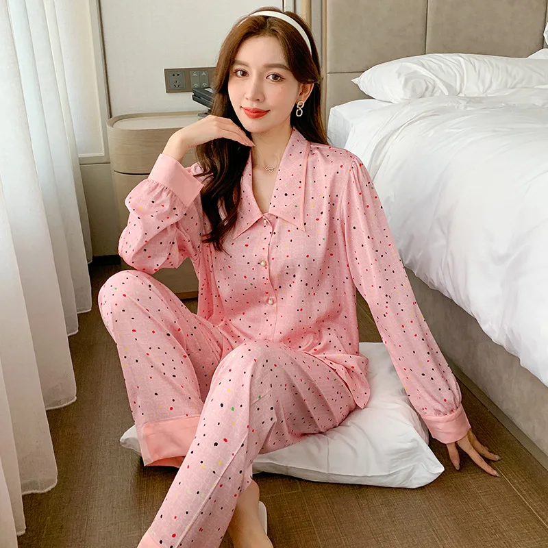 

2022 New Women's Pajamas Summer Ice Silk Thin Lapel Long Sleeve Pyjamas Fashion Small Fragrance Ladies Homewear Sleepwear 2-Pjs