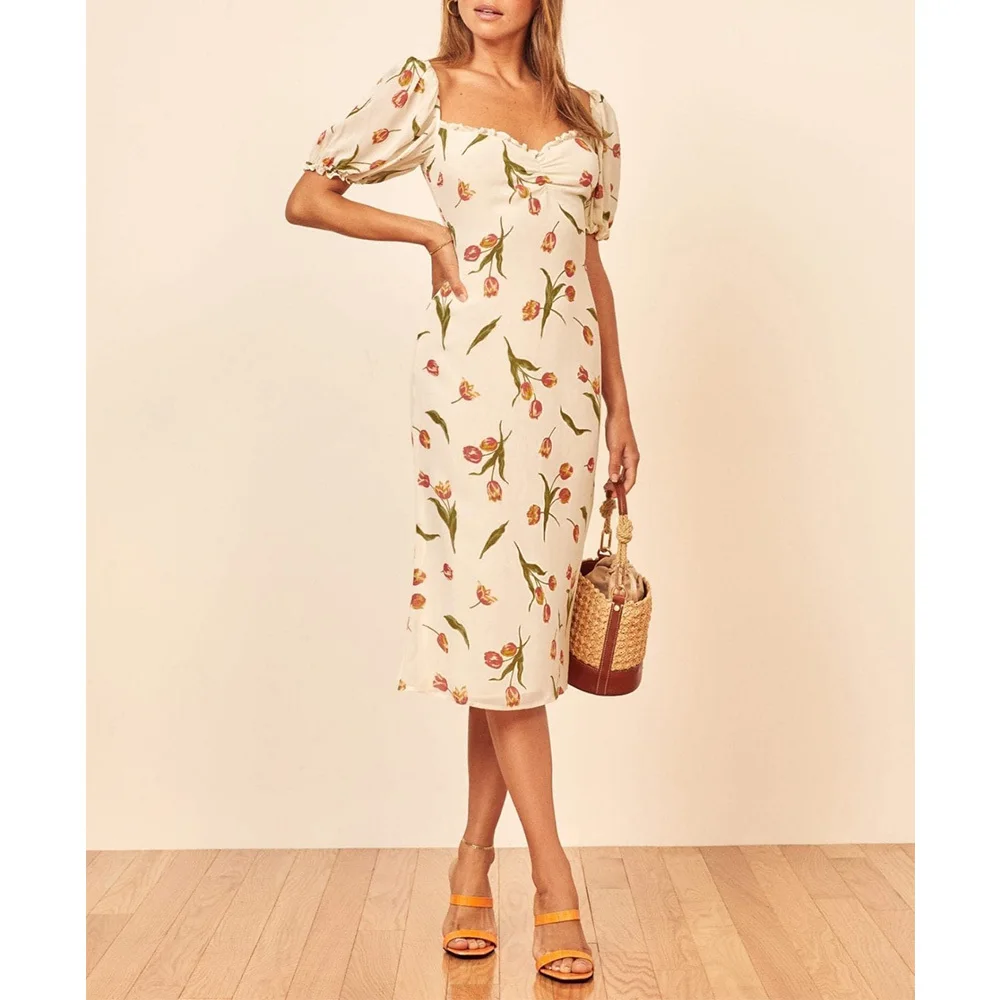 

Платье женское шифоновое средней длины с завязкой на талии и коротким рукавом-фонариком