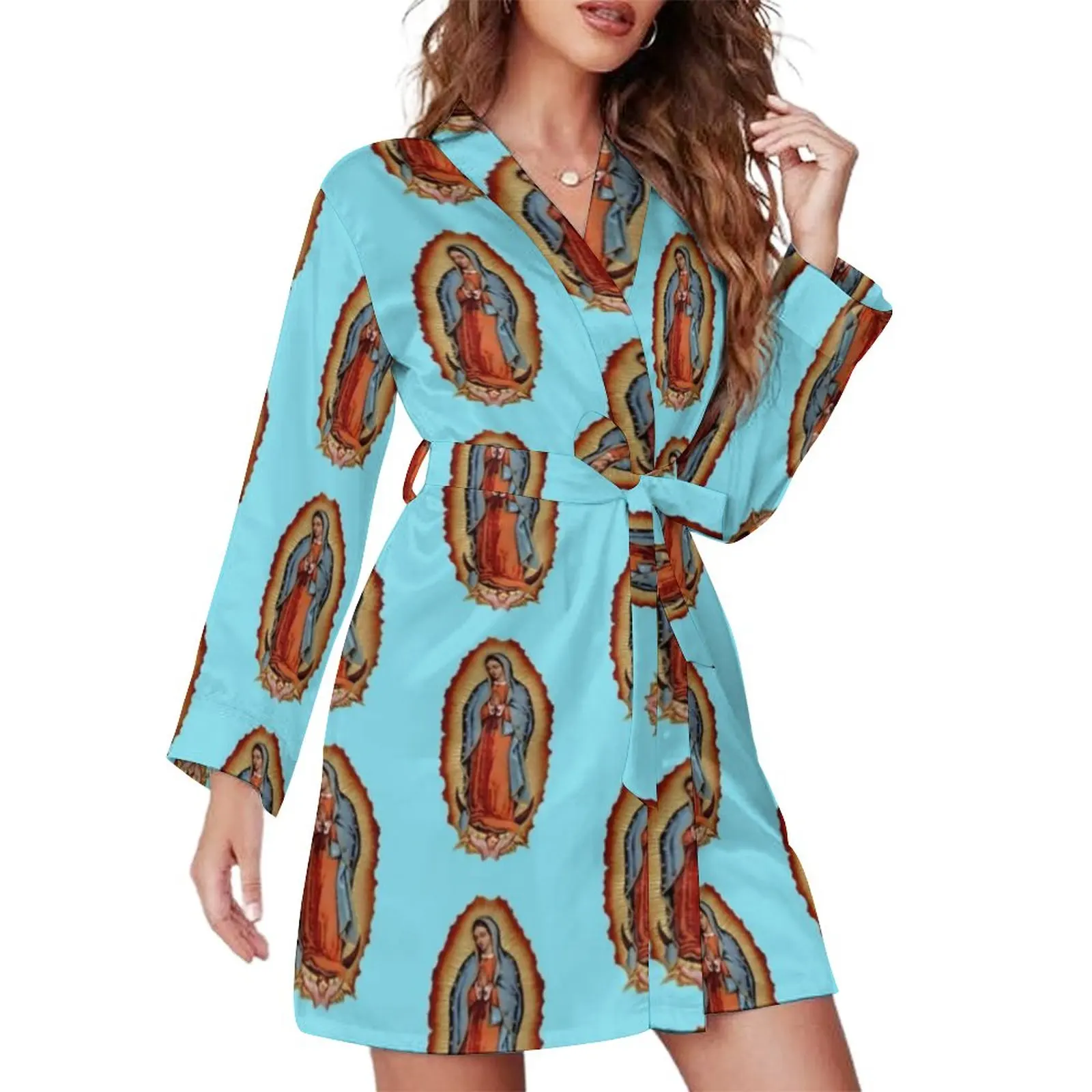 

Пижама Дева Мария халат с V-образным вырезом Диего де Гуадалупе Графический халат модные пижамные халаты с длинным рукавом осеннее Повседне...