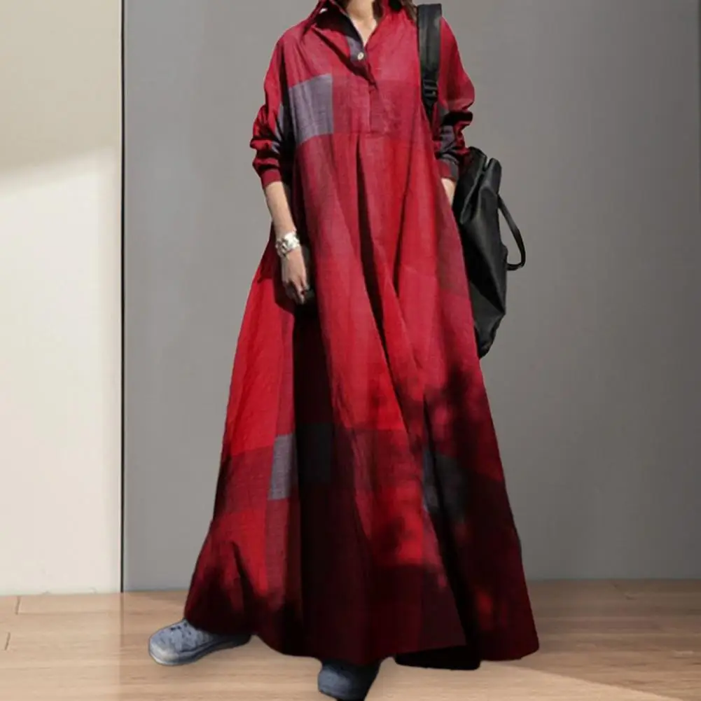 

Женское платье с цветными блоками, винтажное платье-трапеция до щиколотки с отложным воротником и большим подолом, женская одежда