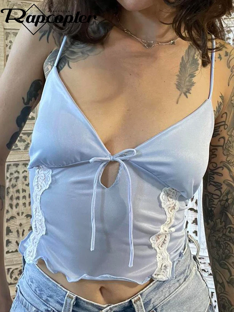 

Rapcopter Y2K Lace Blue Crop Top Bow Cute Retro Mini Vest Backless Solid Elegant Chic Camisole Women Summer Beach Sweats Tee 90s