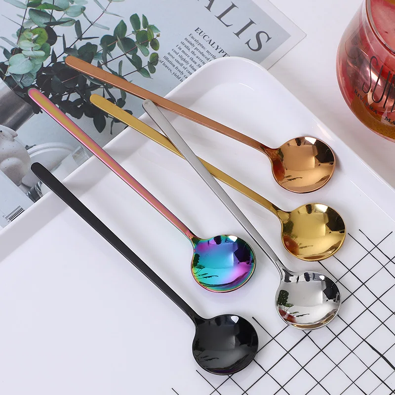 

Rainbow Color Coffee Tea Stir Spoon Long Handle Ice Cream Dessert Spoons Eco-Friendly Stainless Steel Tableware Kitchen Supplies