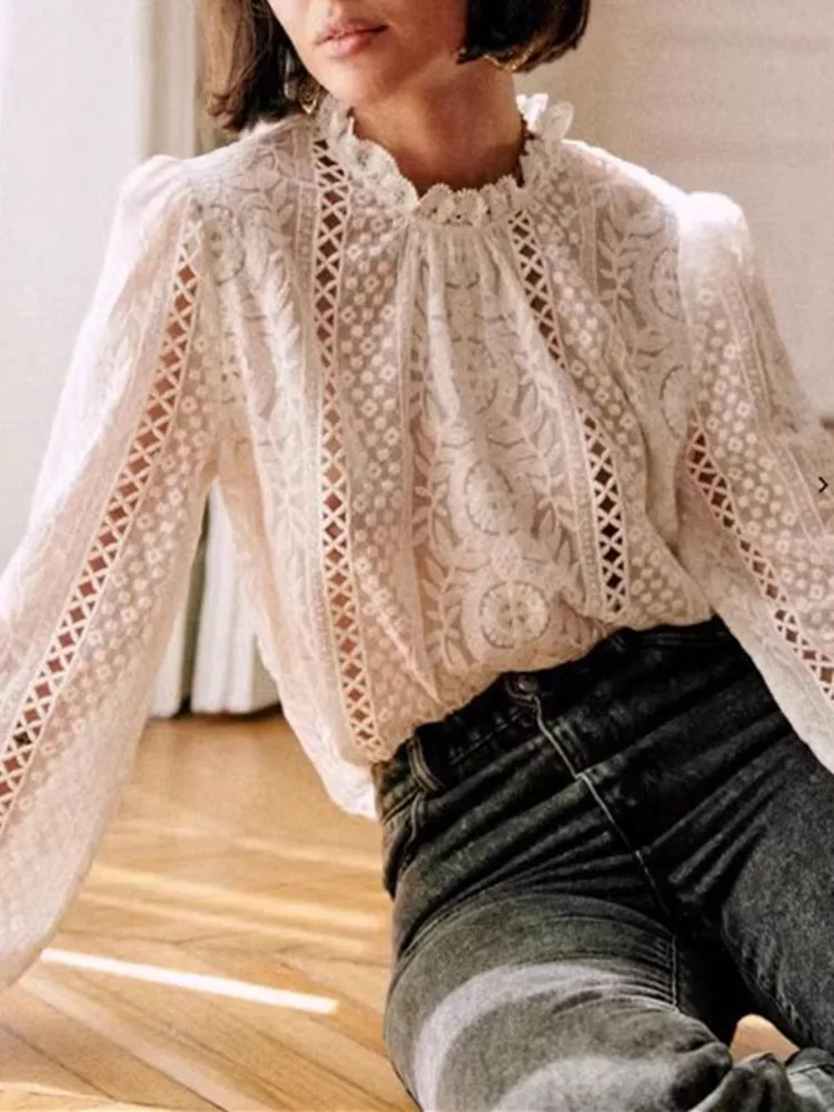 

Женская кружевная ажурная блузка с воротником-стойкой, элегантная французская рубашка с вышивкой и длинным рукавом, топы для ранней осени 2022
