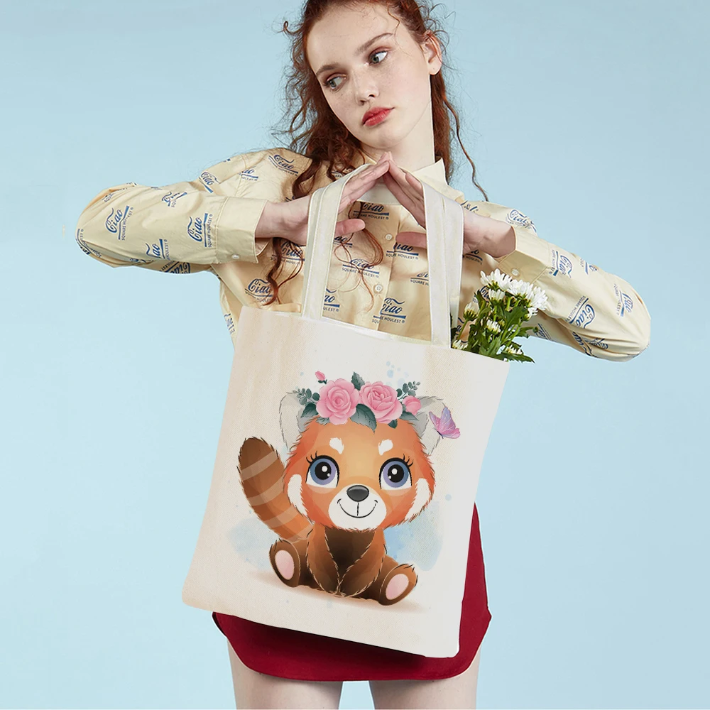 

Both Sided Casual Children Mini Bag Canvas Zebra Giraffe Hippo Animal Printed Lion Fox Student Tote Shopping Handbag for Women