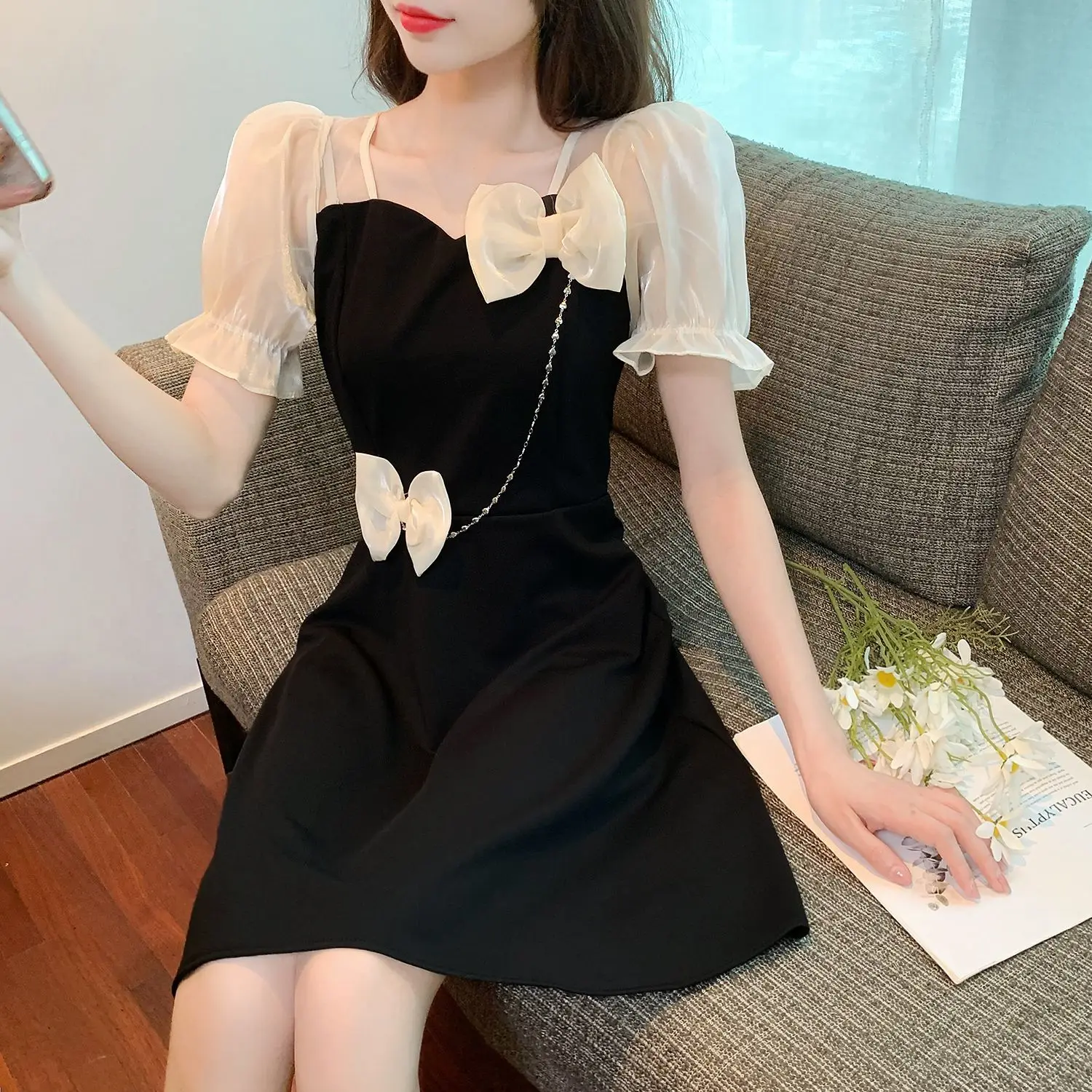

COIGARSAM Women's Summer Dress New French Style Cute Vintage Bow High Waist Black Dresses Dropshipping