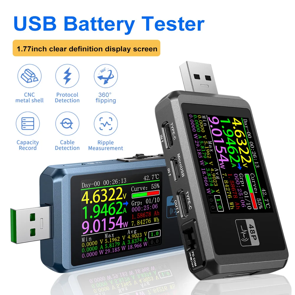 

USB-тестер аккумуляторной батареи Вольтметр Амперметр Детектор тока Напряжение Тип-C Обнаружение быстрой зарядки Емкость триггера Измерение пульсаций