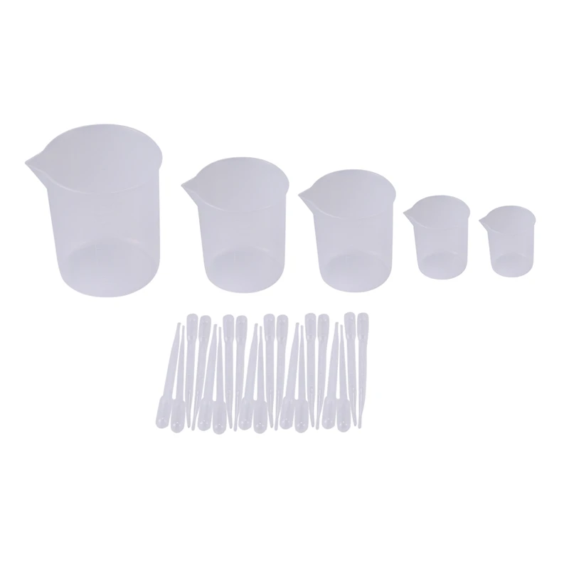 

5 Sizes Plastic Beakers Measuring Cups Set(50, 100, 250, 500, 1000ML) And 20 Pack Clear 3Ml Graduated Transfer Pipettes