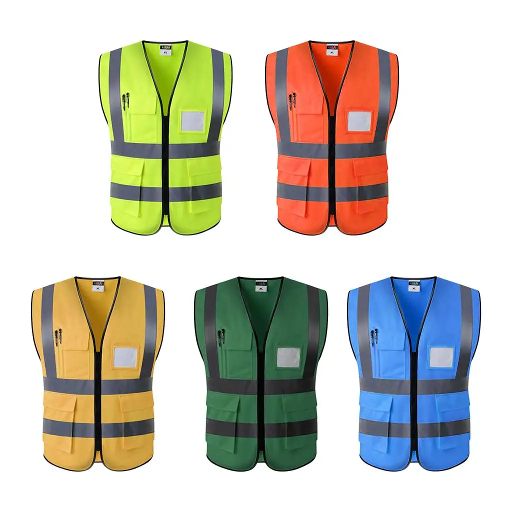 

High Visibility Safety Vest with Pockets, Reflective Strips and Zipper, 3 Sizes