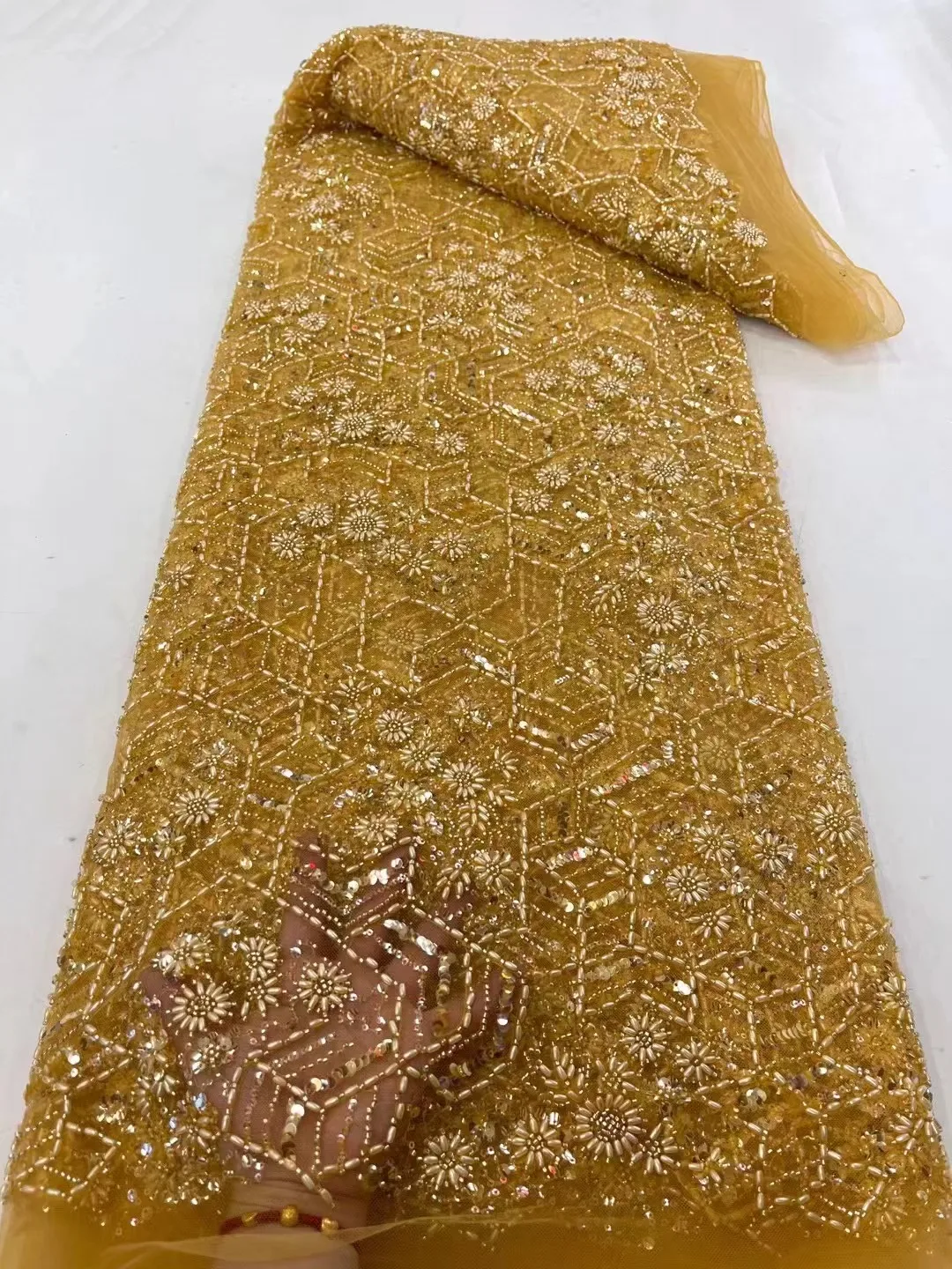 5 ярдов, африканская кружевная ткань 2023, Высококачественная Золотая, французская Тяжелая кружевная ткань из бисера, нигерийская кружевная ткань с блестками и вышивкой, сетчатая кружевная ткань