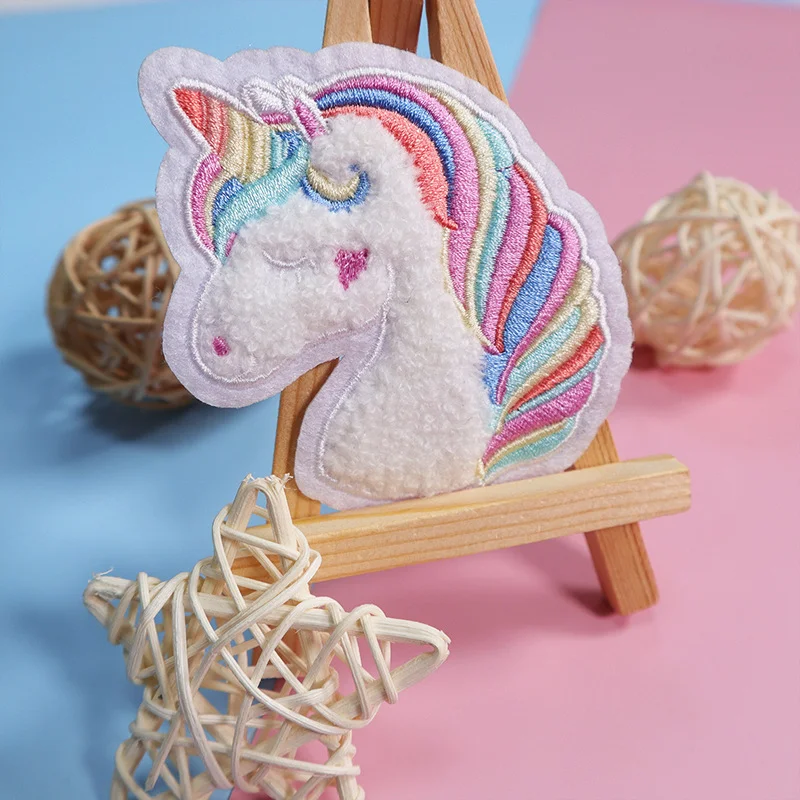 

Hot Selling Sew on Clothes Unicorn Embroidered Patches Plush Cloth Stickers Women's Bag Decoration Colorful Red Custom Accessory
