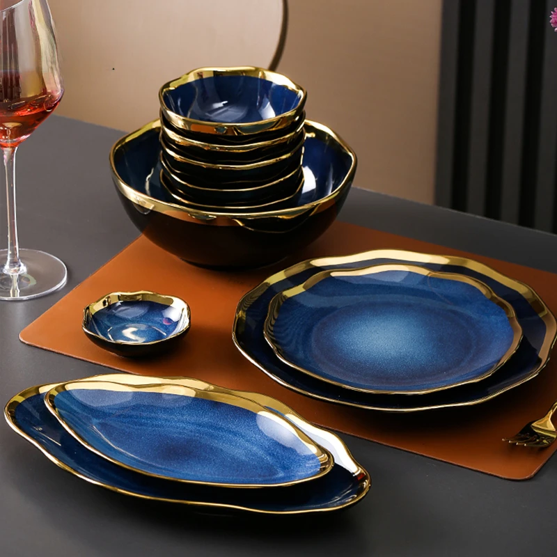 

Nordic Blue Glaze Ceramic Dinner Plates and Bowls Creative Irregular Phnom Penh Steak Plate Dessert Snack Dishes Home Tableware