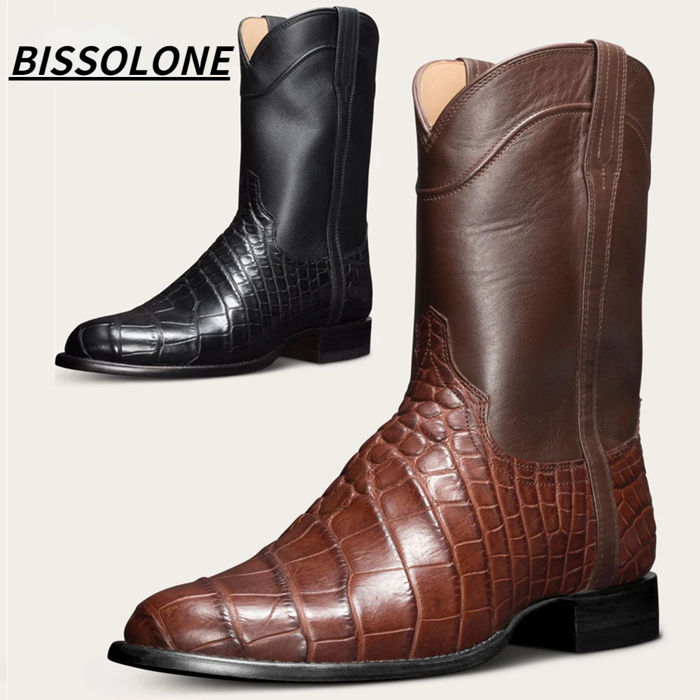 

BISSOLONE Men's Fashion Cowboy Boots Square Stlye Western Boots Vintage Boots Crocodile Pattern High Boots Western Cowboy Boots