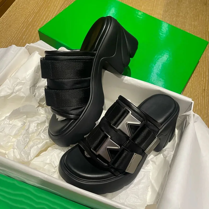 Women's Thick-Soled High-Heeled Half Slippers 2022 Spring and Summer New Platform All-Match Metal Buckle Slip-on Pumps