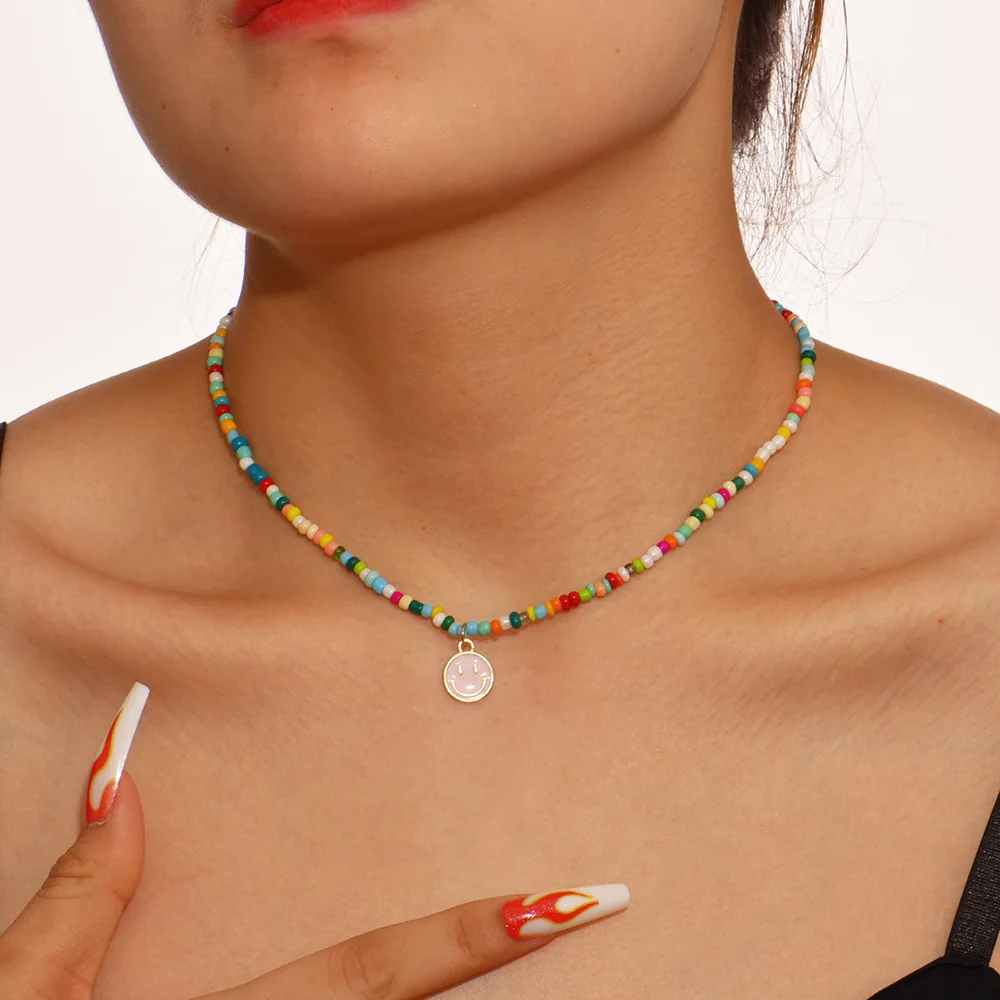 Cute Enamel Yellow Smiley Face Pendant Necklace for Women Bohemian Handmade Beaded Chain Chokers Necklace Jewelry