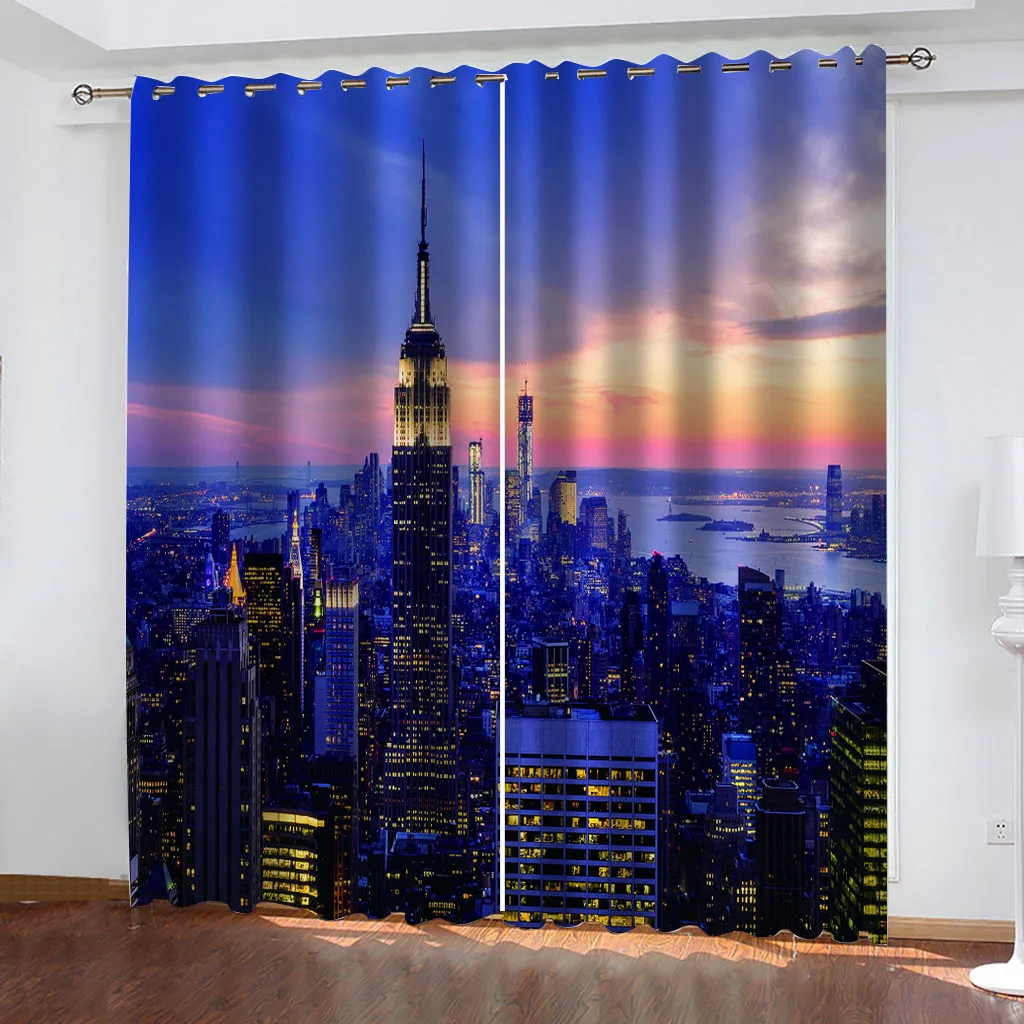 

City Scenery And Night View Series Deluxe Living Room Bedroom Home Decoration Sunshade Curtain 2 Pieces of Hook Perforation