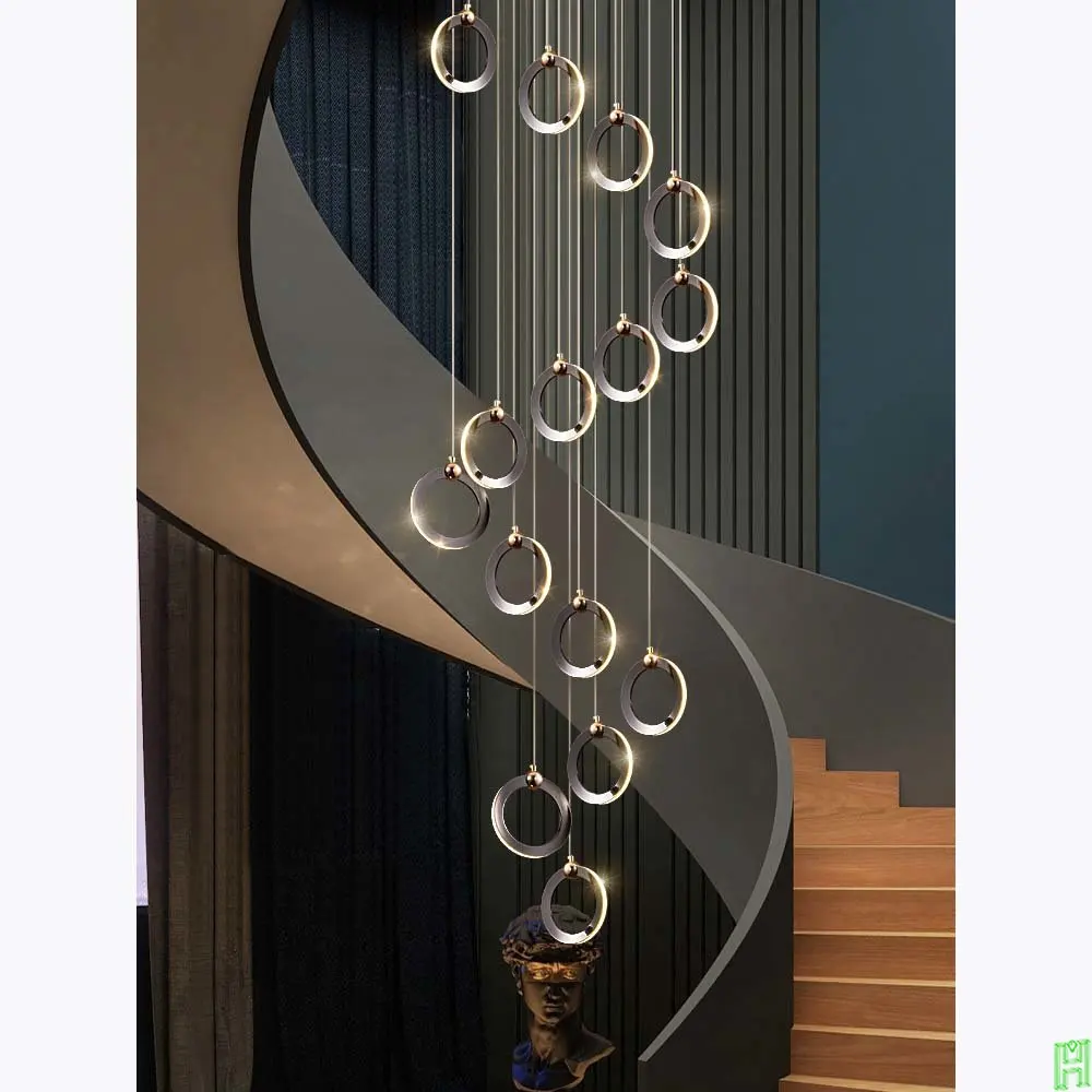 

LED Chandelier Living Room Ceiling Pendant Lamp Hotel Restaurant Pendent Lighting Black Villa Lobby Hanging Staircase