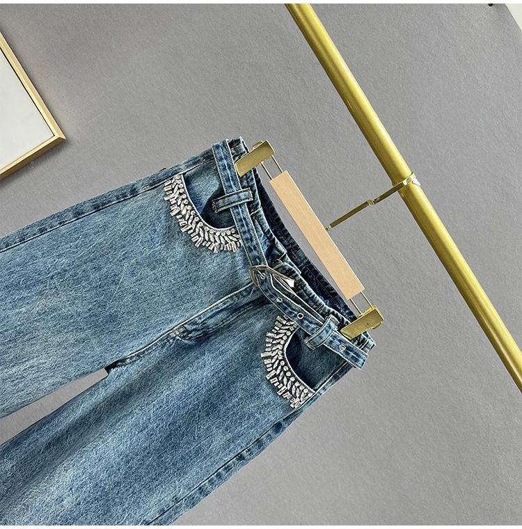 Ripped Wide-Leg Baggy Jeans Women's Trendy 2023 New Spring High Waist Denim Pants Loose and Slimming Diamond Mop Trousers