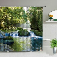 waterfall natural scenery shower curtains green tree leaf spring landscape bathroom decor waterproof polyester cloth curtain set