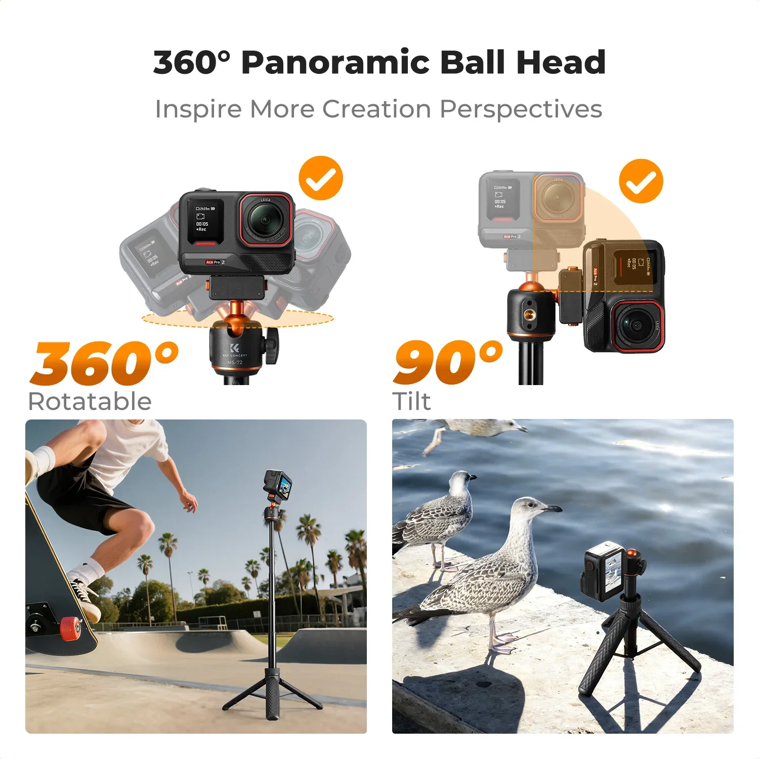 Фото K&F CONCEPT Магнитная селфи-палка с быстросъемным креплением для Insta360 X5 / Ace Pro 2 – Портативная ручка с шаровой головкой 360° и функцией штатива для влогов №5